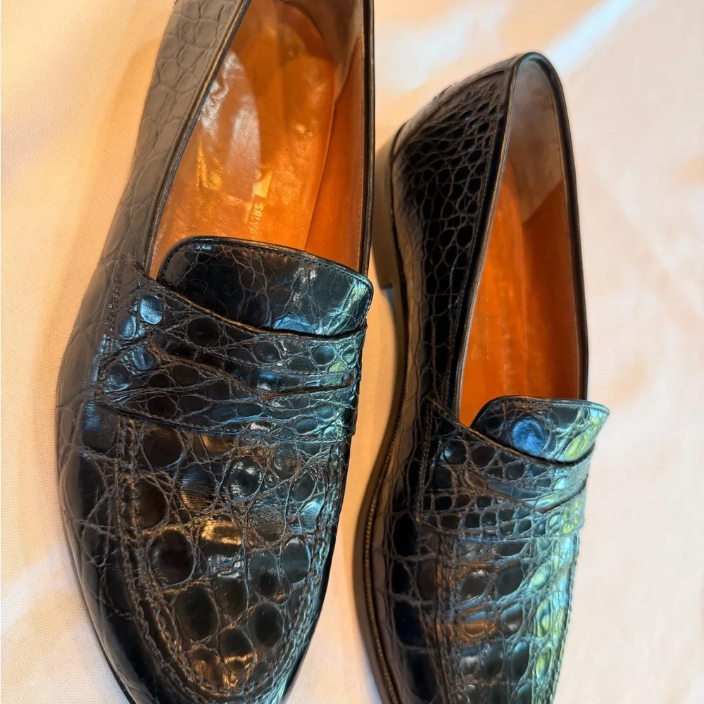 Salvatore Ferragamo Exotic Black Crocodile Leather Mens Penny Loafers Sz 10D